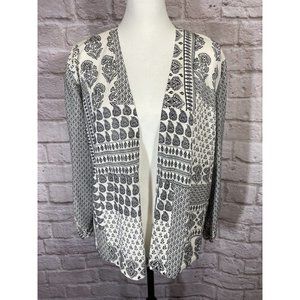 CHICOS Cardigan Sweater 3 XL Black White Handkerchief Print Ruched Sleeve 9424
